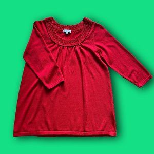 red ribbed long-sleeved top with braided collar